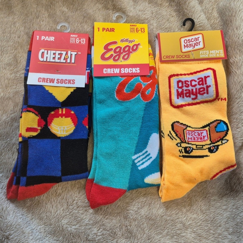 3 Pack Novelty Crew Socks Cheez-It Eggo Oscar Mayer Food Brand Mens Shoe 6-13